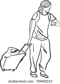 Vector art drawing of Young woman  checks time on her wrist watch with a suitcase at the airport or train station. Woman with baggage and backpack. Time to Travel