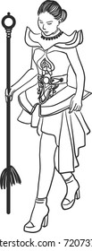 Vector Art Drawing Of Young Woman As Drum Major Over White Background.