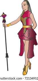 Vector Art Drawing Of Young Woman As Drum Major Over White Background.