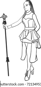 Vector Art Drawing Of Young Woman As Drum Major Over White Background.