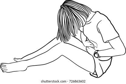 Vector art drawing of young Young woman with abdominal pain and stomach cramps, with bellyache putting hands on her stomach