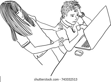 Vector art drawing of young woman consoling her friend or workmate who stressed and in bad emotion on white background, by putting hand on shoulder. Concept of partnership,