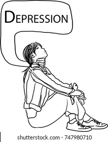 Vector art drawing of young woman sitting on the floor. Sad woman Unhappy and depression