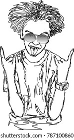Vector art drawing of Young woman with sunglasses giving the Rock and showing tongue and making rock hand gesture.