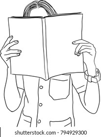 Vector art drawing of young woman covering her face with a book on white background