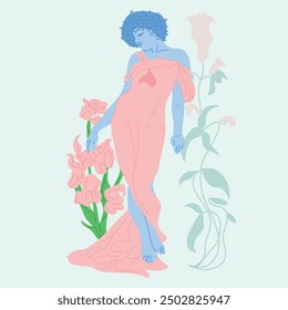 Vector art drawn by hand of a classic woman in Art Nouveau style, with ornamental and floral details, classical and modern fashion art.