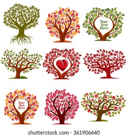 Vector art drawn trees with beautiful blossom and red heart. Harvest season idea eco symbols with empty copy space for your text, can be used as ecology and environmental conservation concept.
