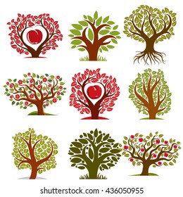 Vector art drawn trees with ripe apples and beautiful red blossom. Harvest season idea eco symbols, can be used as ecology and environmental conservation concept.