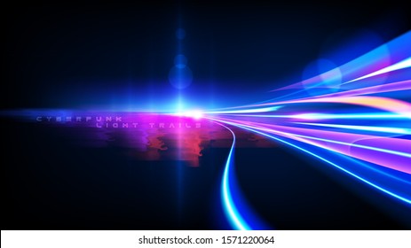 Vector art of dynamic light motion, light trail, high speed effect, traffic motion. light motion effect, slow shutter of traffic, cyberpunk neon.