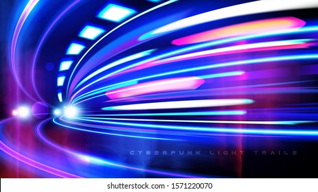 Vector art of dynamic light motion, light trail, high speed effect, traffic motion. light motion effect, slow shutter of traffic, cyberpunk neon.
