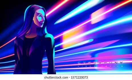 Vector art of dynamic light motion, light trail, high speed effect, traffic motion. light motion effect, slow shutter of traffic, cyberpunk neon.