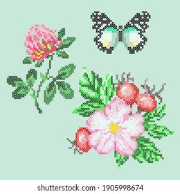 Vektorkunst Stickereien Frühlingsblumen und Schmetterling