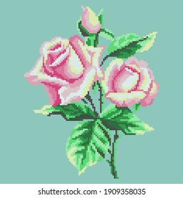 vector art embroidery spring pink roses