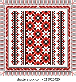 Vector art ethnic ornament based on cross stitch Russia and Ukraine with red elements