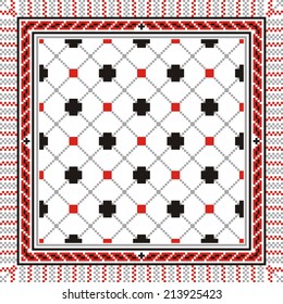 Vector art ethnic ornament based on cross stitch Russia and Ukraine with red elements