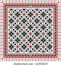 Vector art ethnic ornament based on cross stitch Russia and Ukraine with red elements