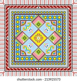 Vector art ethnic ornament based on cross stitch Russia and Ukraine with red elements