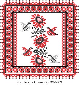 Vector art ethnic ornament with red and black elements of flowers and plants on white background