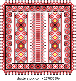 Vector art ethnic ornament with red and black elements of flowers and plants on white background