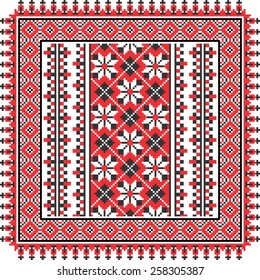 Vector art ethnic ornament with red and black elements of flowers and plants on white background