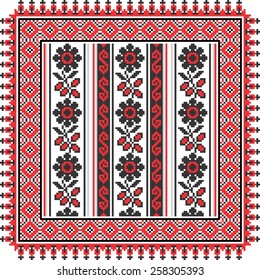 Vector art ethnic ornament with red and black elements of flowers and plants on white background