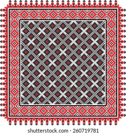 Vector art ethnic ornament with red and black elements of flowers and plants on white background