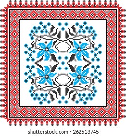 Vector art ethnic ornament with red and black elements of flowers and plants on white background
