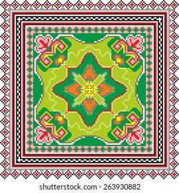 Vector art ethnic ornament with red and black elements of flowers and plants on white background