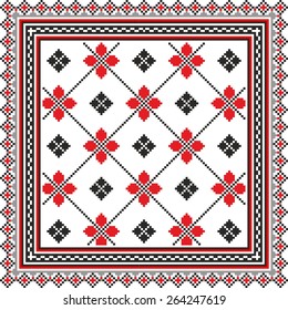 Vector art ethnic ornament with red and black elements of flowers and plants on white background 