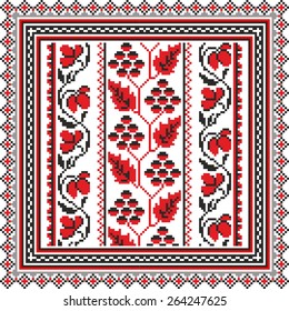 Vector art ethnic ornament with red and black elements of flowers and plants on white background