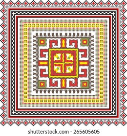 Vector art ethnic ornament with red and black elements of flowers and plants on white background