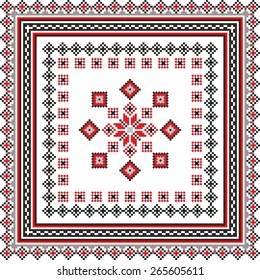 Vector art ethnic ornament with red and black elements of flowers and plants on white background