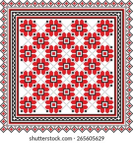 Vector art ethnic ornament with red and black elements of flowers and plants on white background