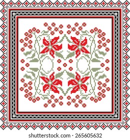 Vector art ethnic ornament with red and black elements of flowers and plants on white background