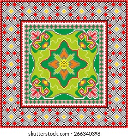 Vector art ethnic ornament with red and black elements of flowers and plants on white background