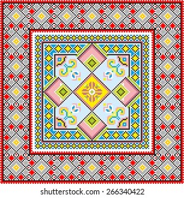 Vector art ethnic ornament with red and black elements of flowers and plants on white background