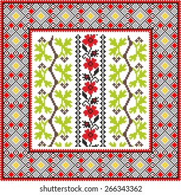 Vector art ethnic ornament with red and black elements of flowers and plants on white background