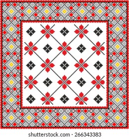Vector art ethnic ornament with red and black elements of flowers and plants on white background