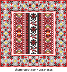 Vector art ethnic ornament with red and black elements of flowers and plants on white background