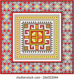 Vector art ethnic ornament with red and black elements of flowers and plants on white background