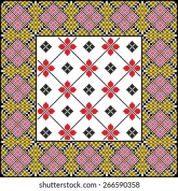 Vector art ethnic ornament with red and black elements of flowers and plants on white background