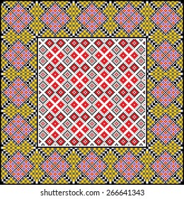 Vector art ethnic ornament with red and black elements of flowers and plants on white background