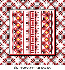 Vector art ethnic ornament with red and black elements of flowers and plants on white background