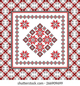 Vector art ethnic ornament with red and black elements of flowers and plants on white background