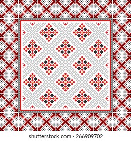 Vector art ethnic ornament with red and black elements of flowers and plants on white background
