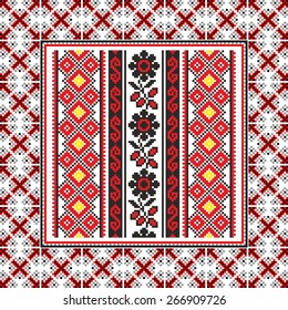 Vector art ethnic ornament with red and black elements of flowers and plants on white background