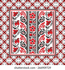 Vector art ethnic ornament with red and black elements of flowers and plants on white background