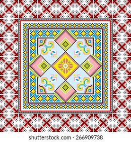 Vector art ethnic ornament with red and black elements of flowers and plants on white background
