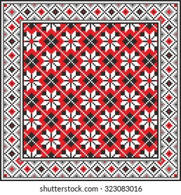 Vector art ethnic ornament with red and black elements of flowers and plants on white background