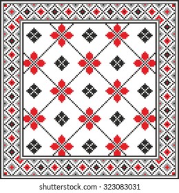 Vector art ethnic ornament with red and black elements of flowers and plants on white background